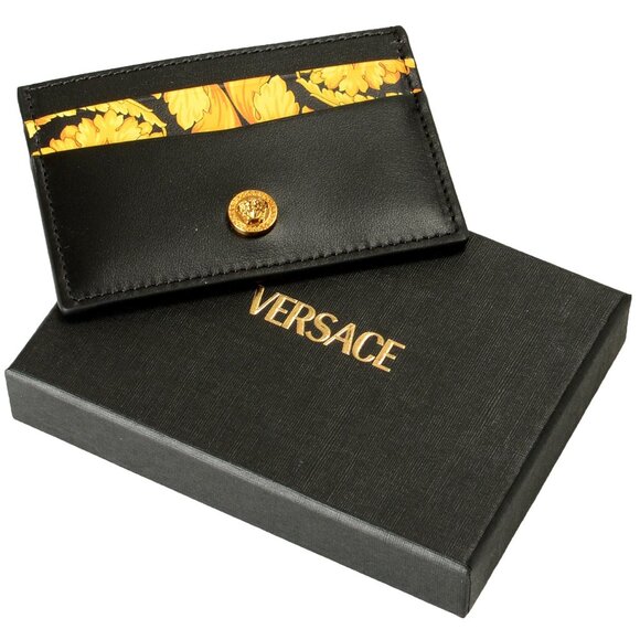Versace Barocco Print 100% Leather Gold Medusa Head Card Case Holder - Picture 1 of 5
